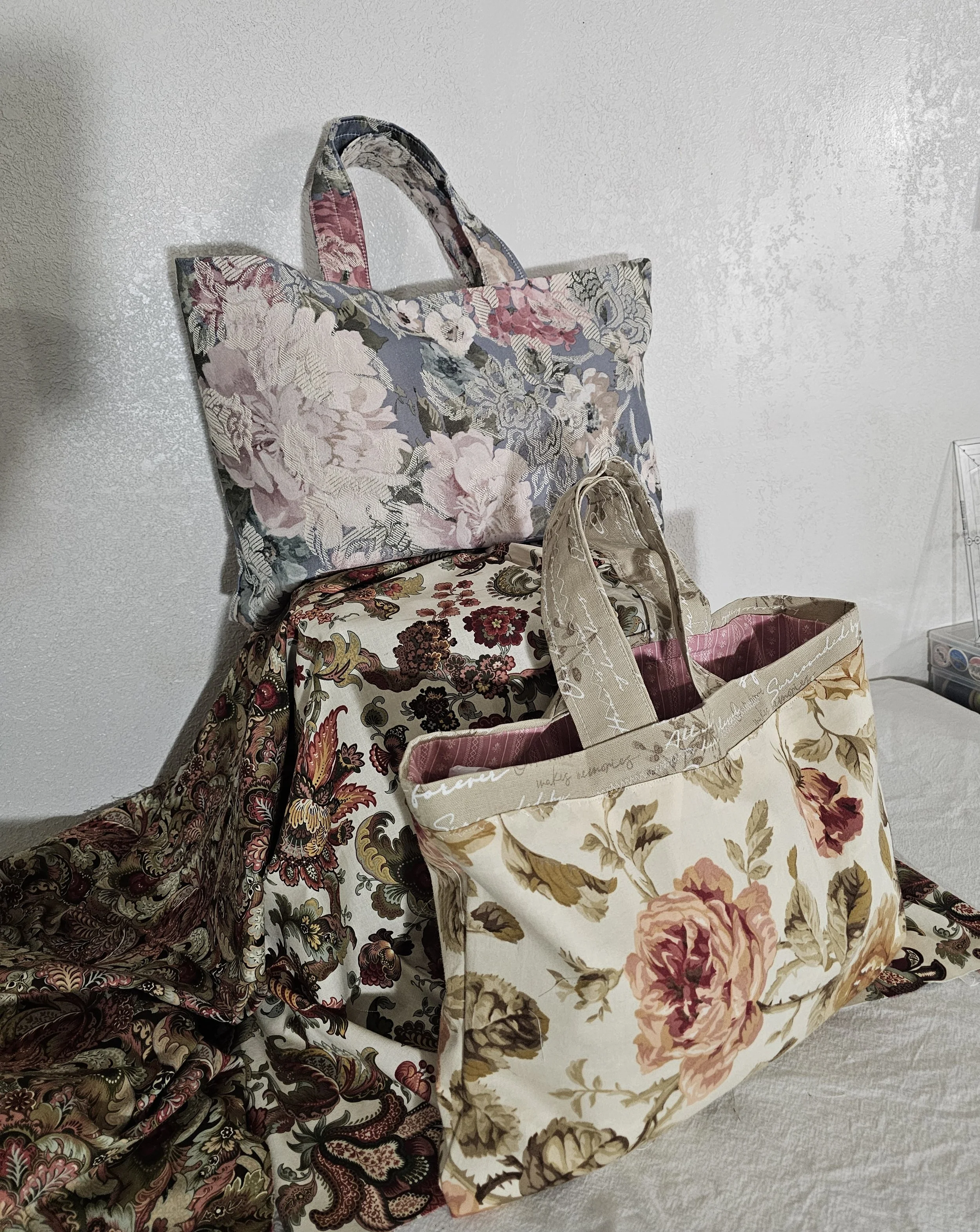 Custom made cotton totes in floral beige and beige