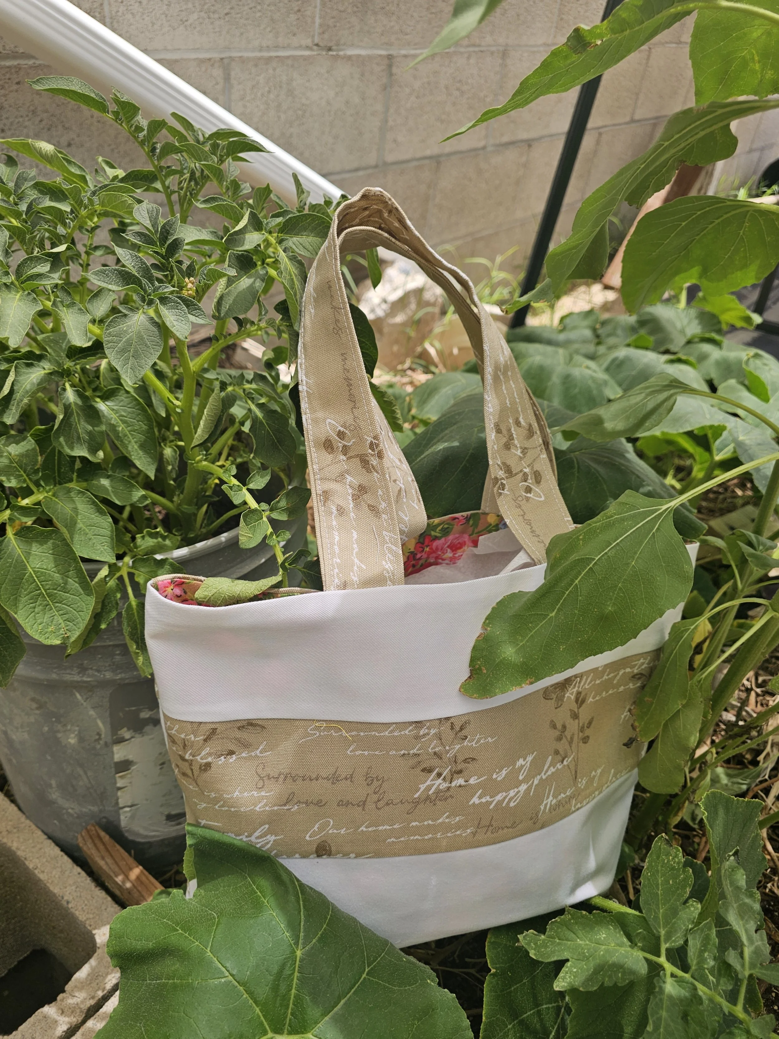 Durable custom made cotton, lined tote, in beige and white