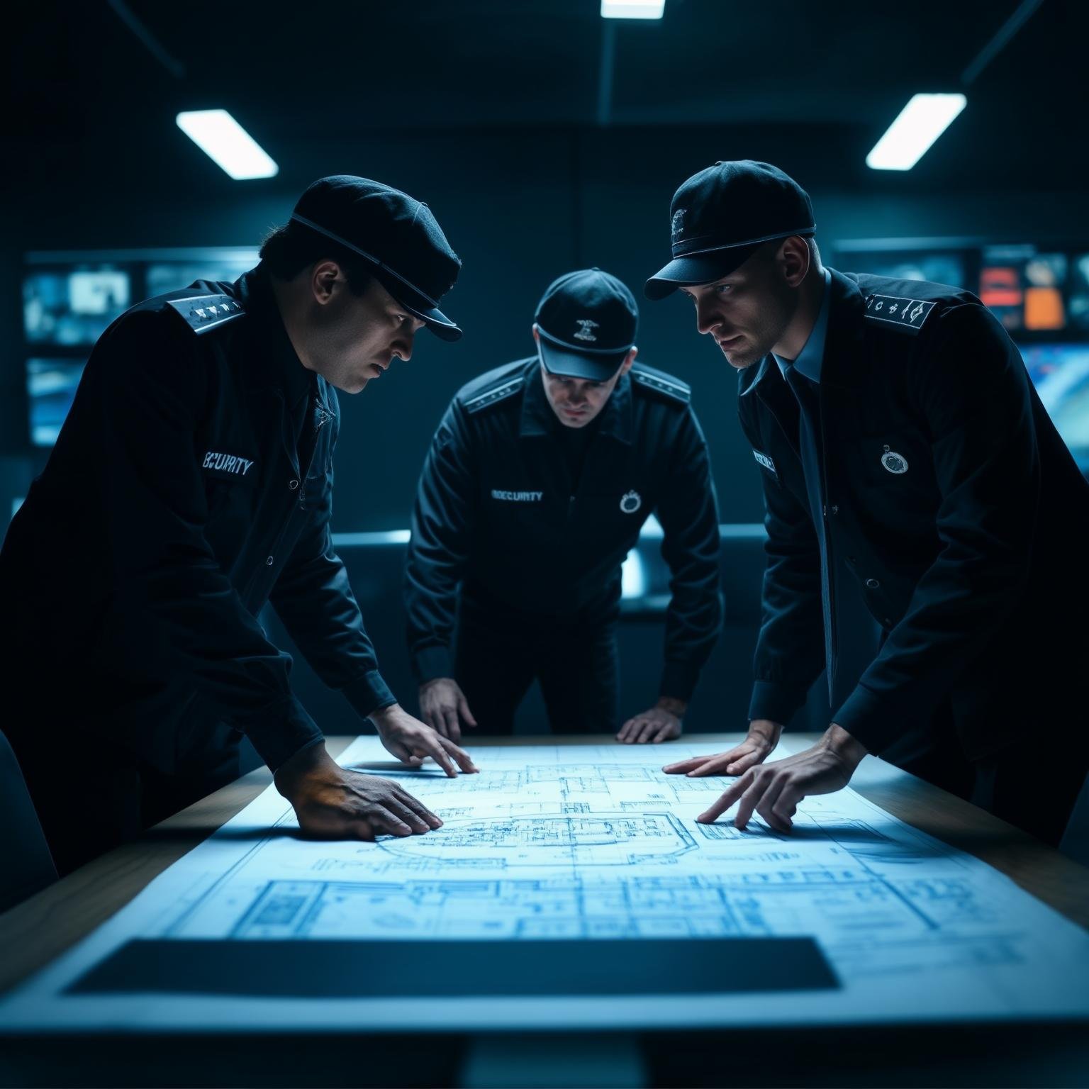 Three security officers in uniform examining large blueprints on a table in a dark room with fluorescent lighting.