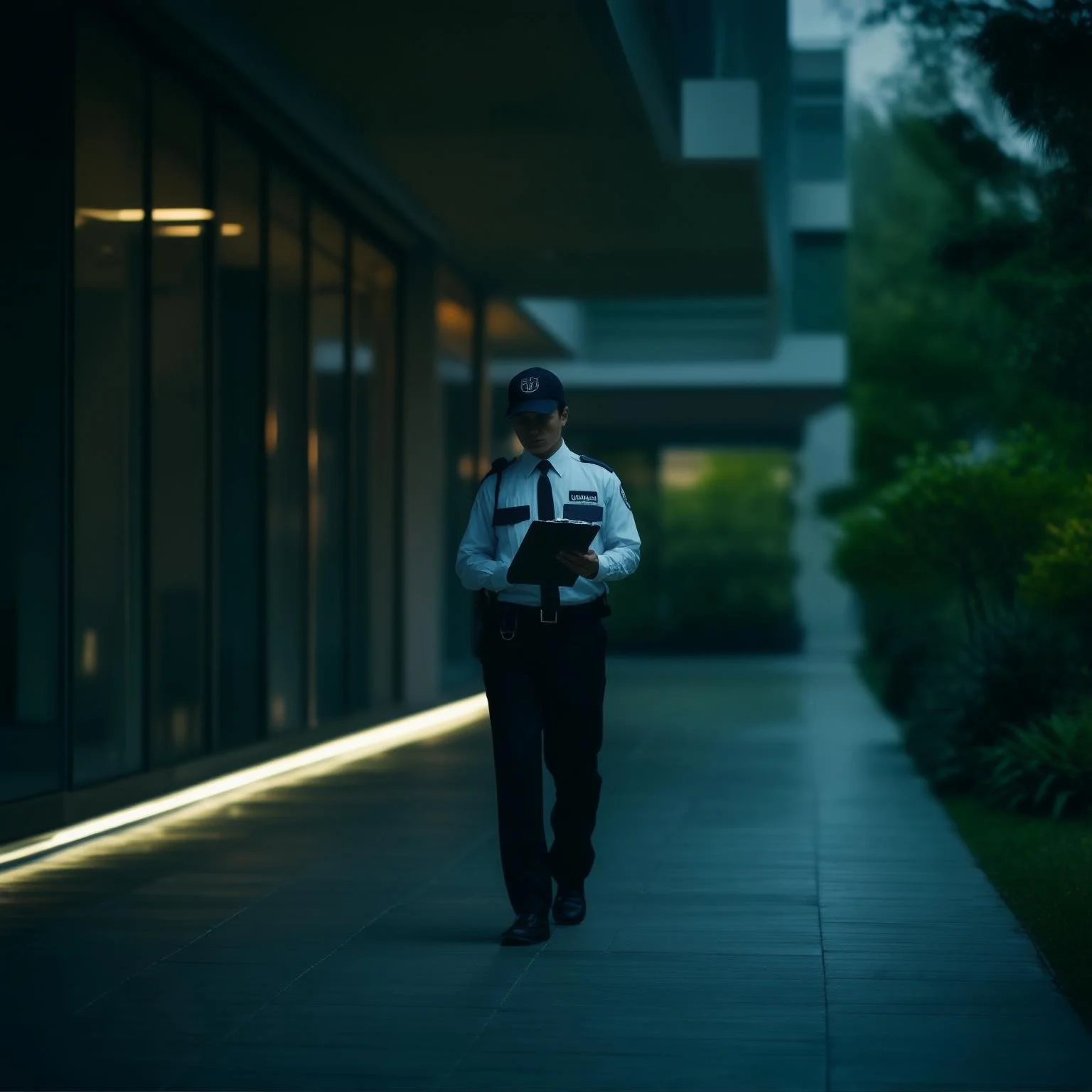 Security guard in uniform holding a clipboard walking outside a modern building during early evening.