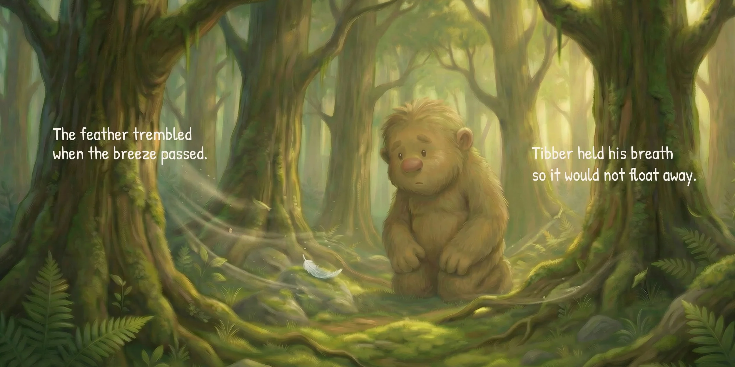 Atmospheric children’s book illustration of a gentle character discovering a white feather in a softly lit forest. illustrated by Kezzia Crossley. Big Foot Sasquatch