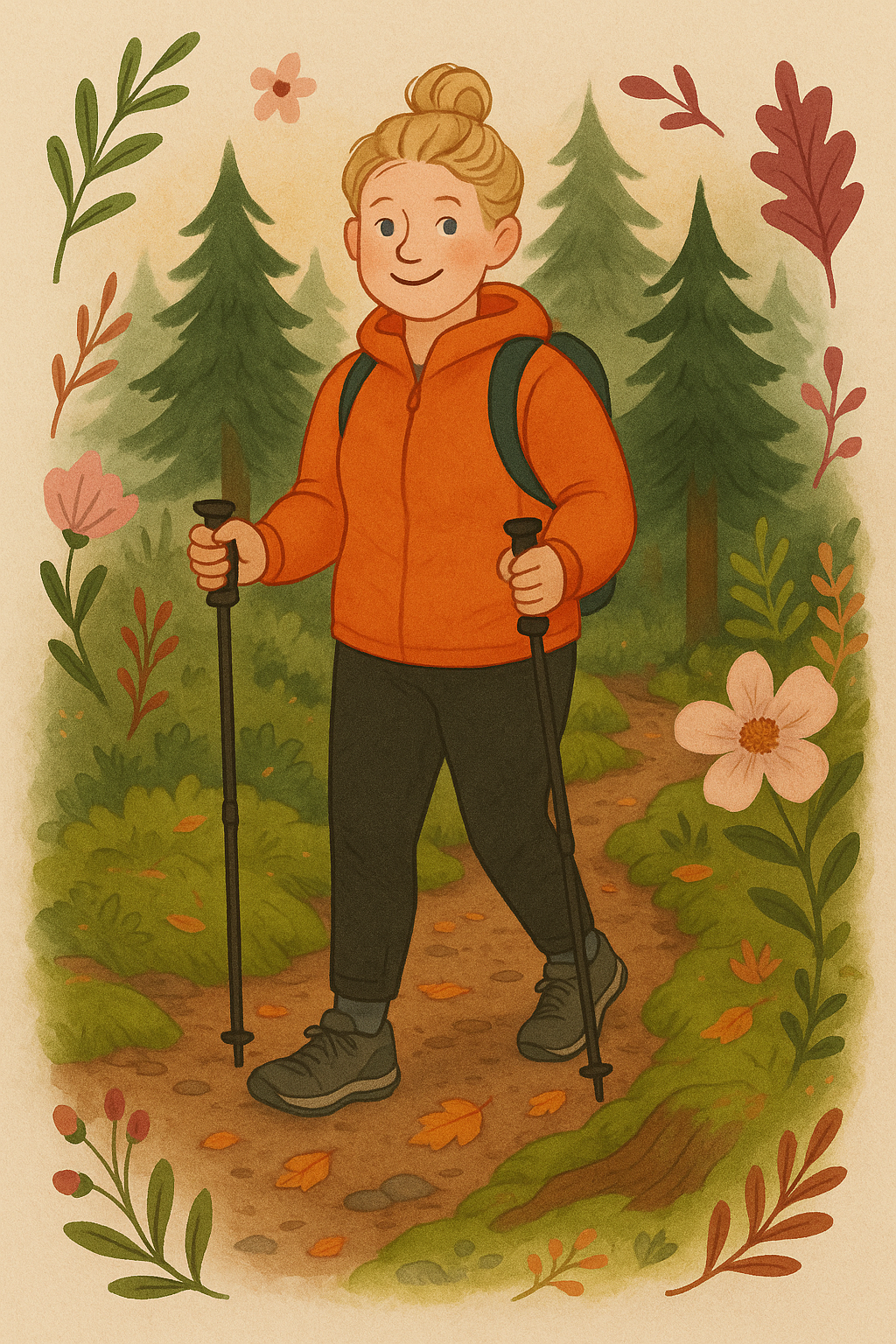 Whimsical forest illustration of a hiker with trekking poles and orange jacket — personal artwork by Kezzia Crossley, children’s book illustrator