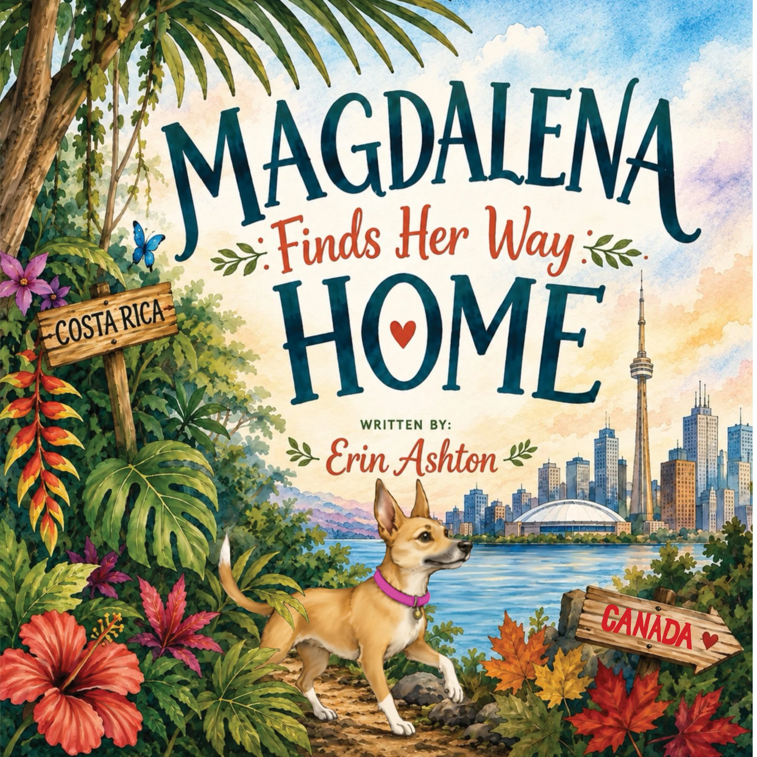 Children's book cover illustration for Magdalena Finds Her Way Home, showing a journey from Costa Rica to Toronto, Canada. illustrated by Kezzia Crossley