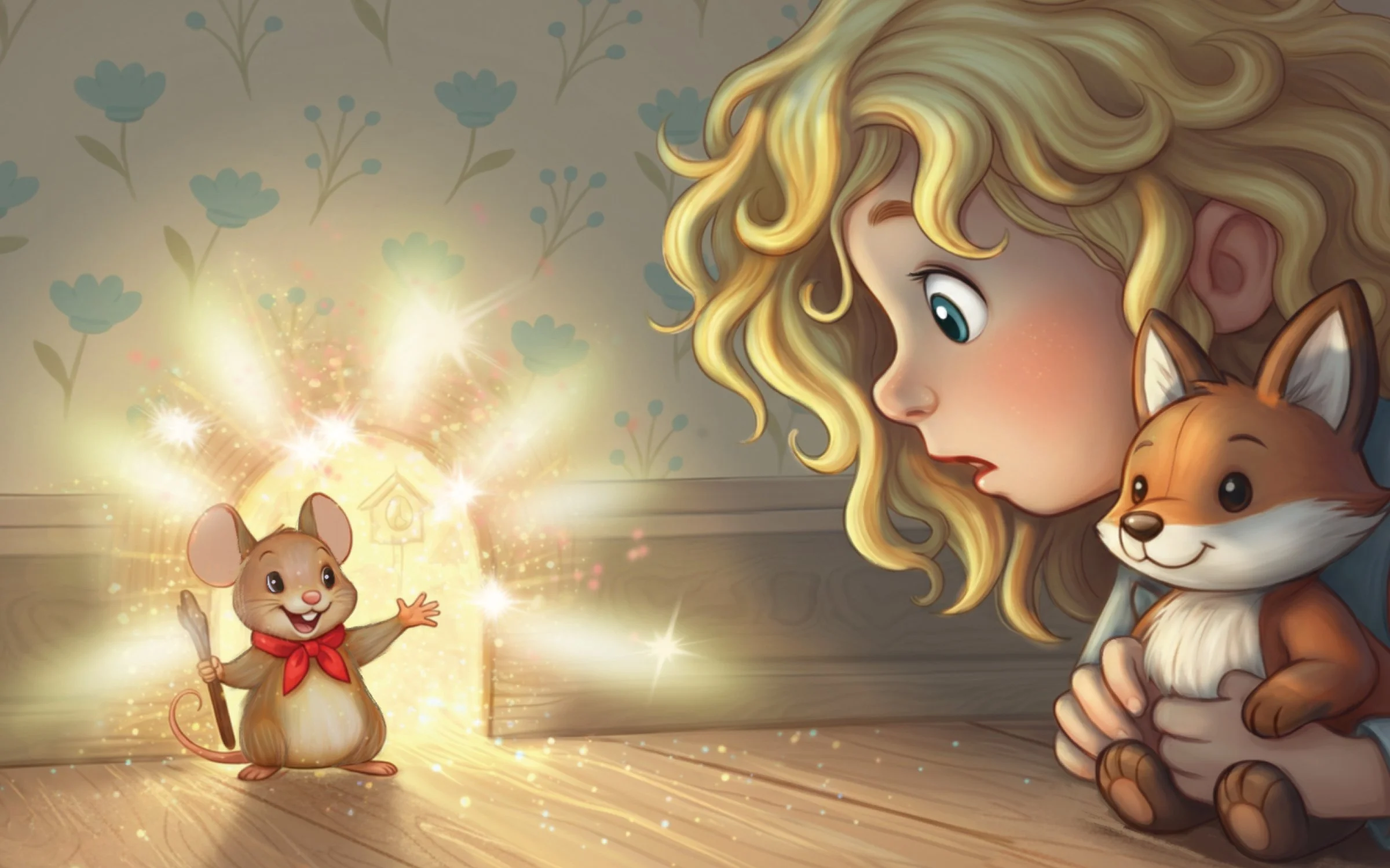 Illustration from Lolli Stromboli and the Mysterious Hole by Kezzia Crossley, showing Lolli watching a glowing magical portal as a small mouse waves from the light.