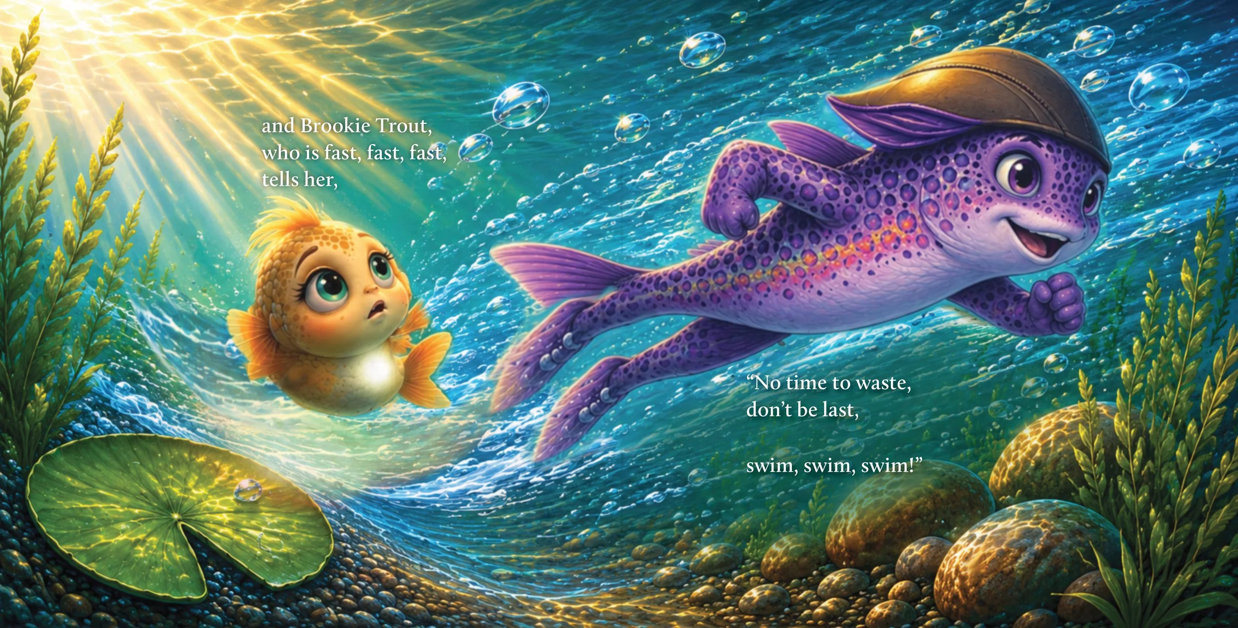 Children's book interior spread showing two fish swimming through a sunlit underwater world. illustrated by Kezzia Crossley