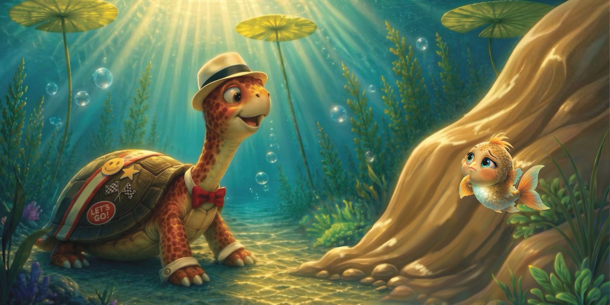 Children's book illustration of a turtle and small fish exploring a sunlit underwater world. illustrated by Kezzia Crossley