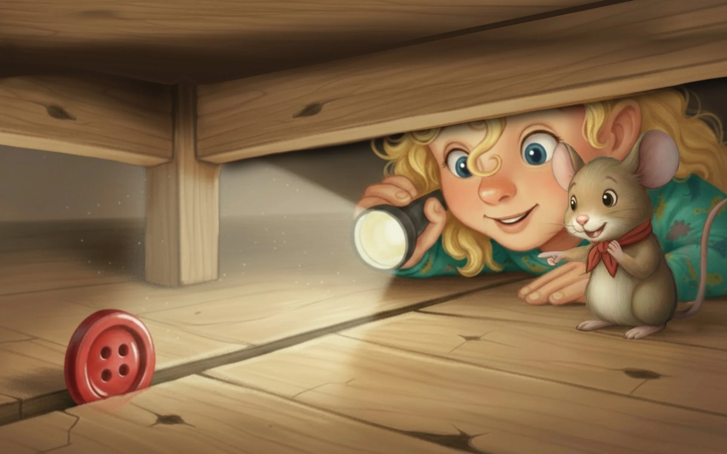 Girl and mouse searching under a dresser with a flashlight in a warmly lit children’s book illustration.