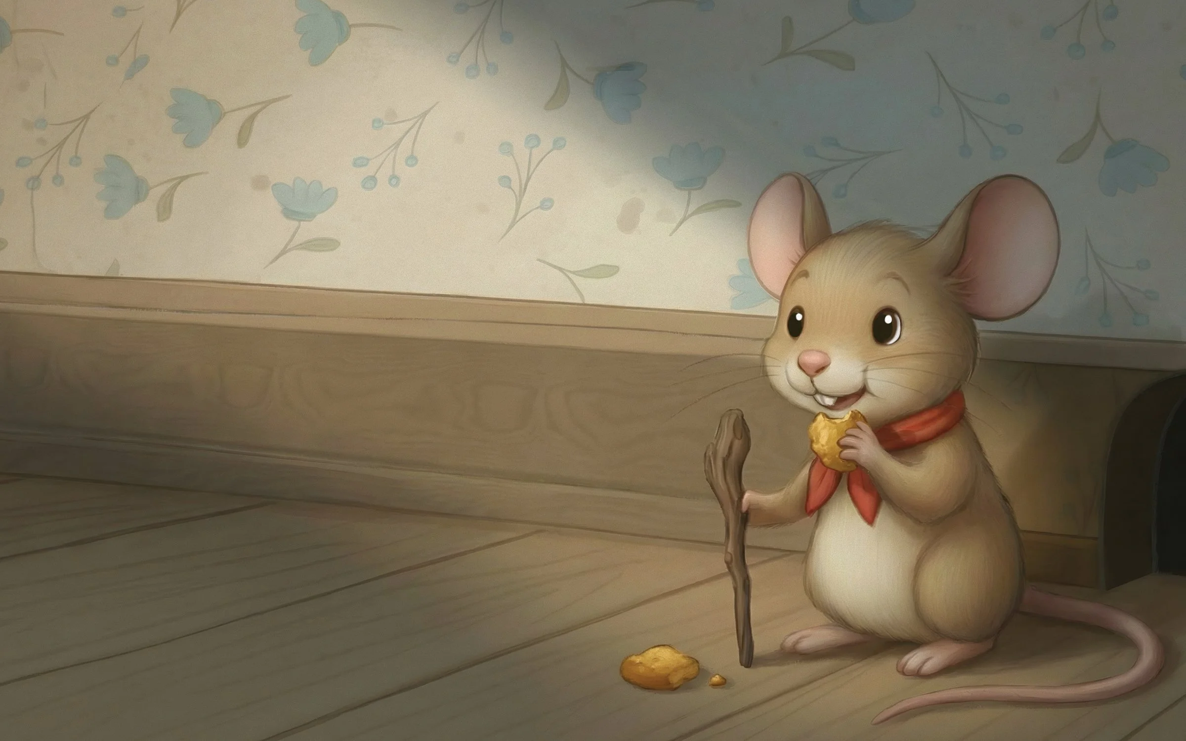 Interior children’s book illustration of a small mouse holding a crumb inside a cozy wooden mouse house, softly lit with warm storybook lighting.