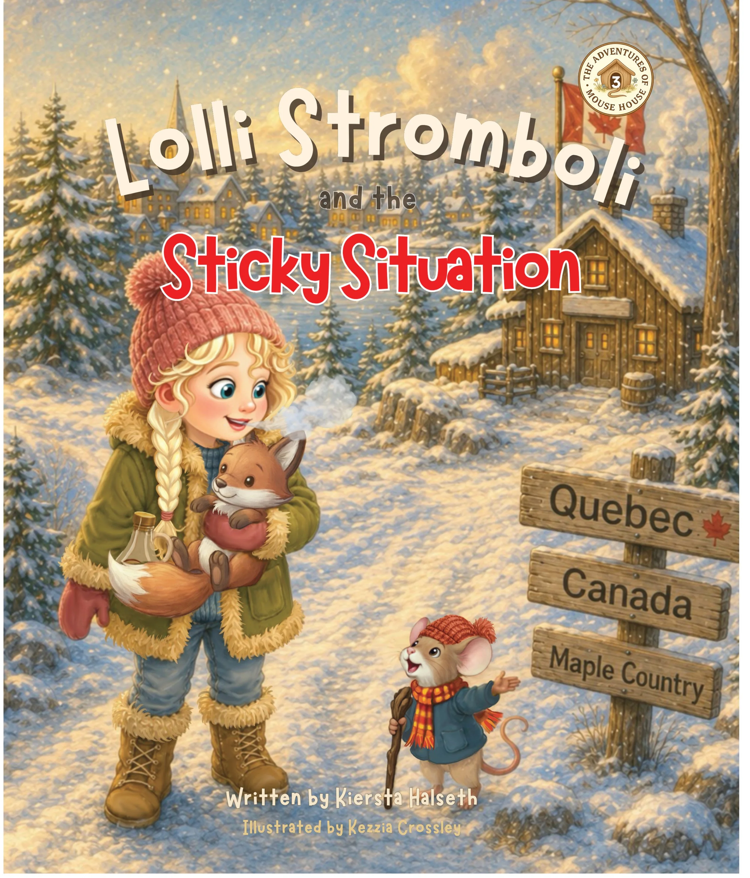 Children’s book cover illustration for Lolli Stromboli and the Sticky Situation, showing Lolli in snowy Quebec, Canada. illustrated by Kezzia Crossley