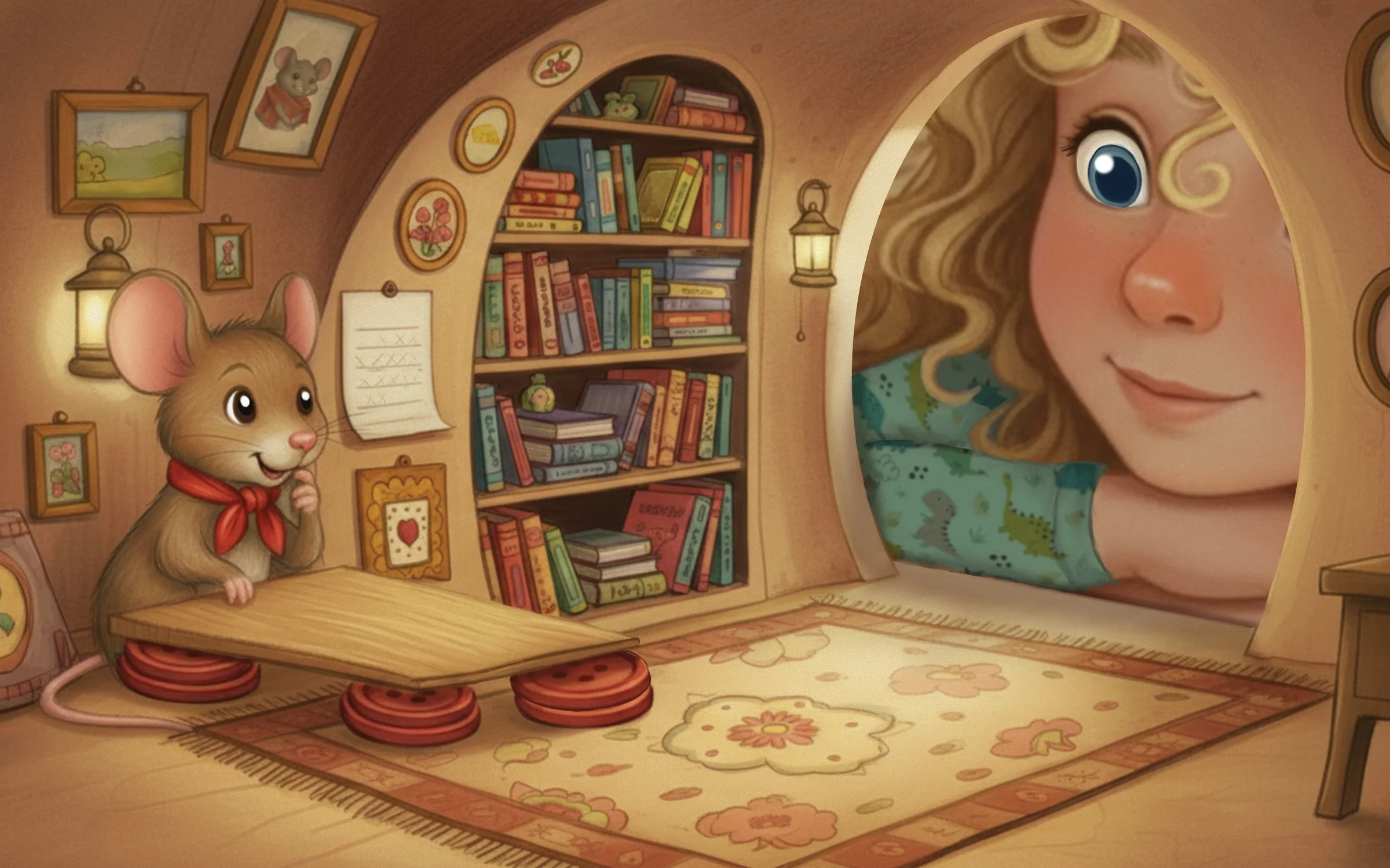 Children’s book illustration of a little girl peeking through a glowing hole into a cozy mouse house interior.
