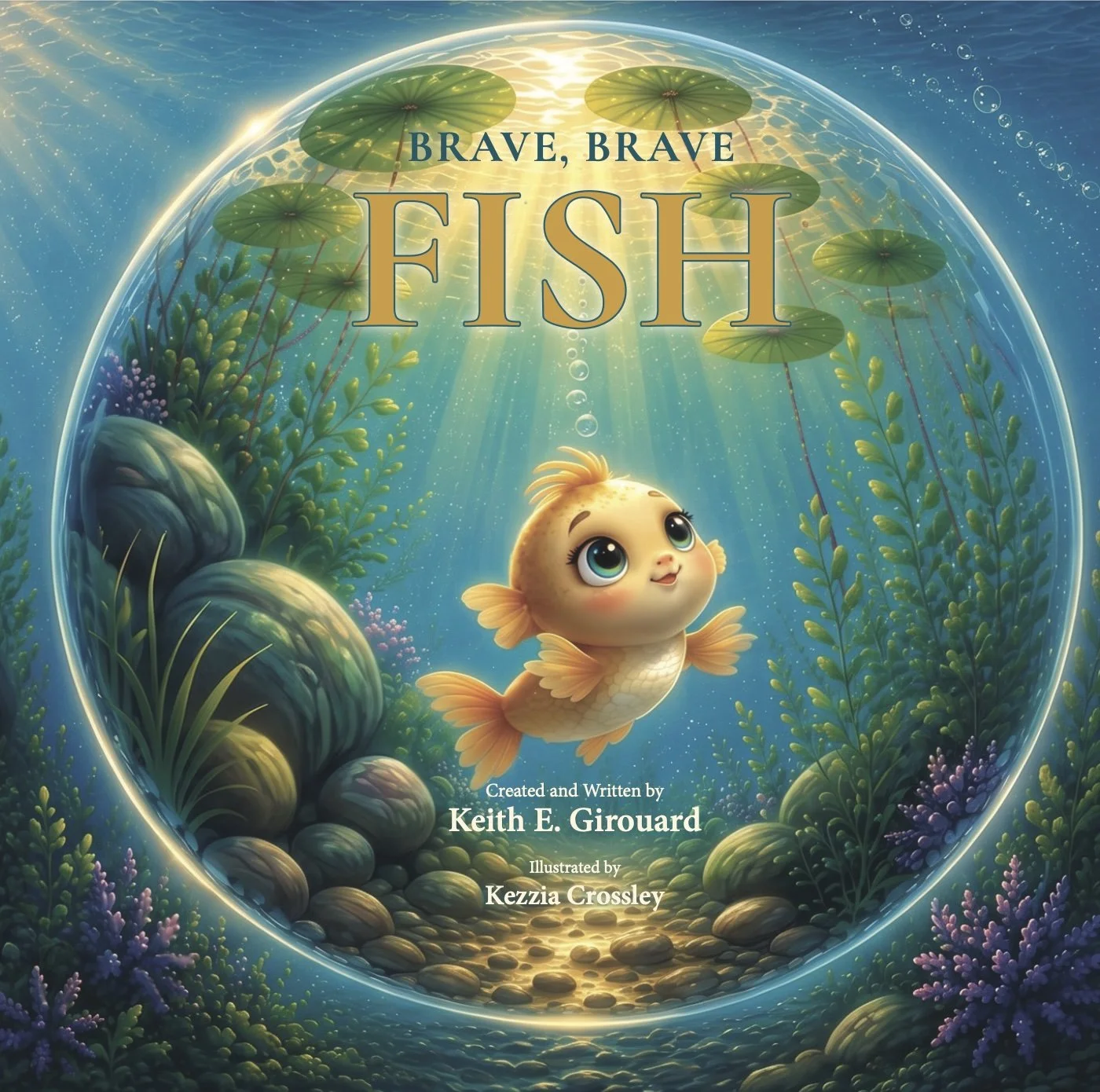 Children’s book cover illustration featuring a small golden fish underwater – Brave, Brave Fish. illustrated by Kezzia Crossley
