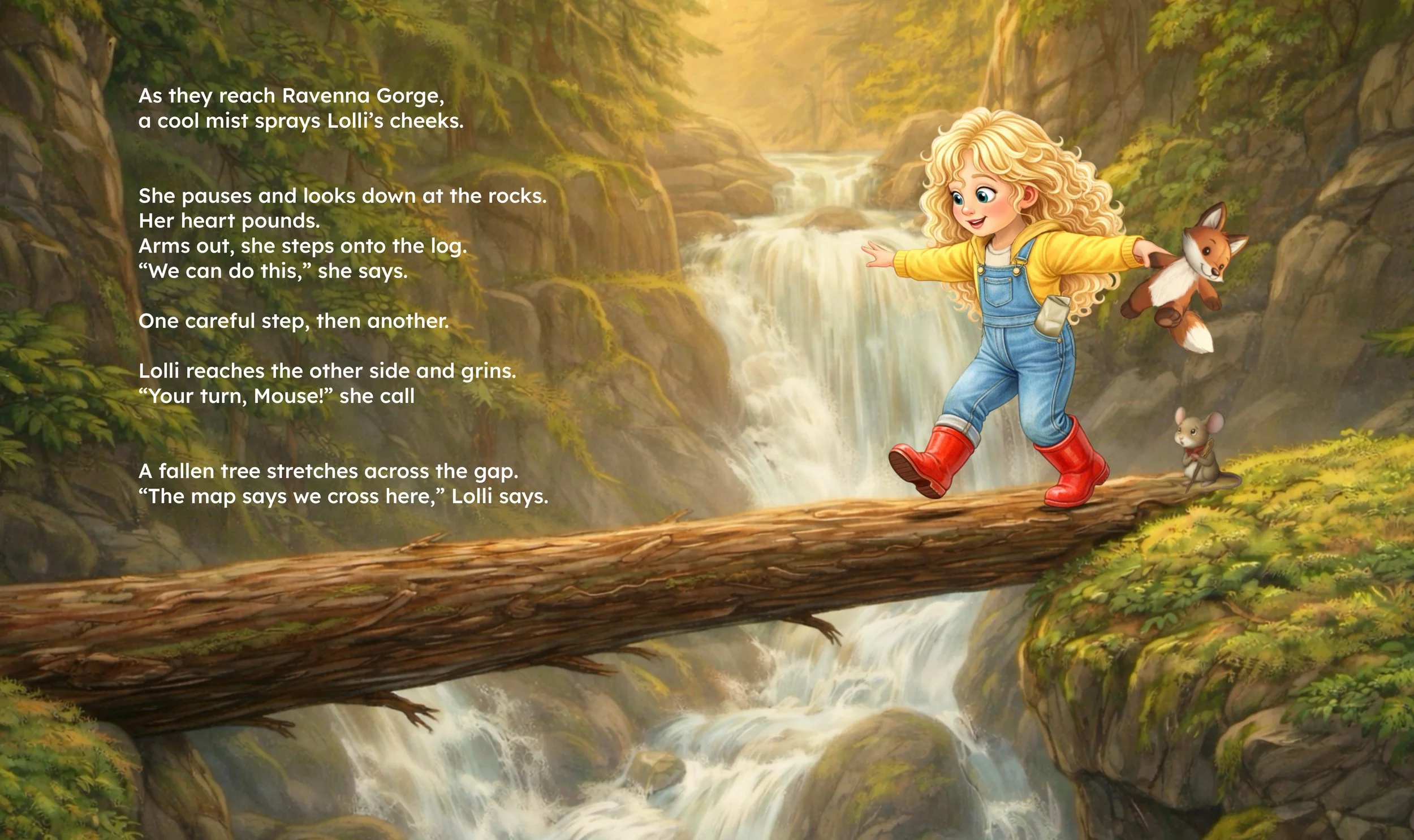 Children's book interior spread showing a girl crossing a log above a forest waterfall- illustrated by Kezzia Crossley