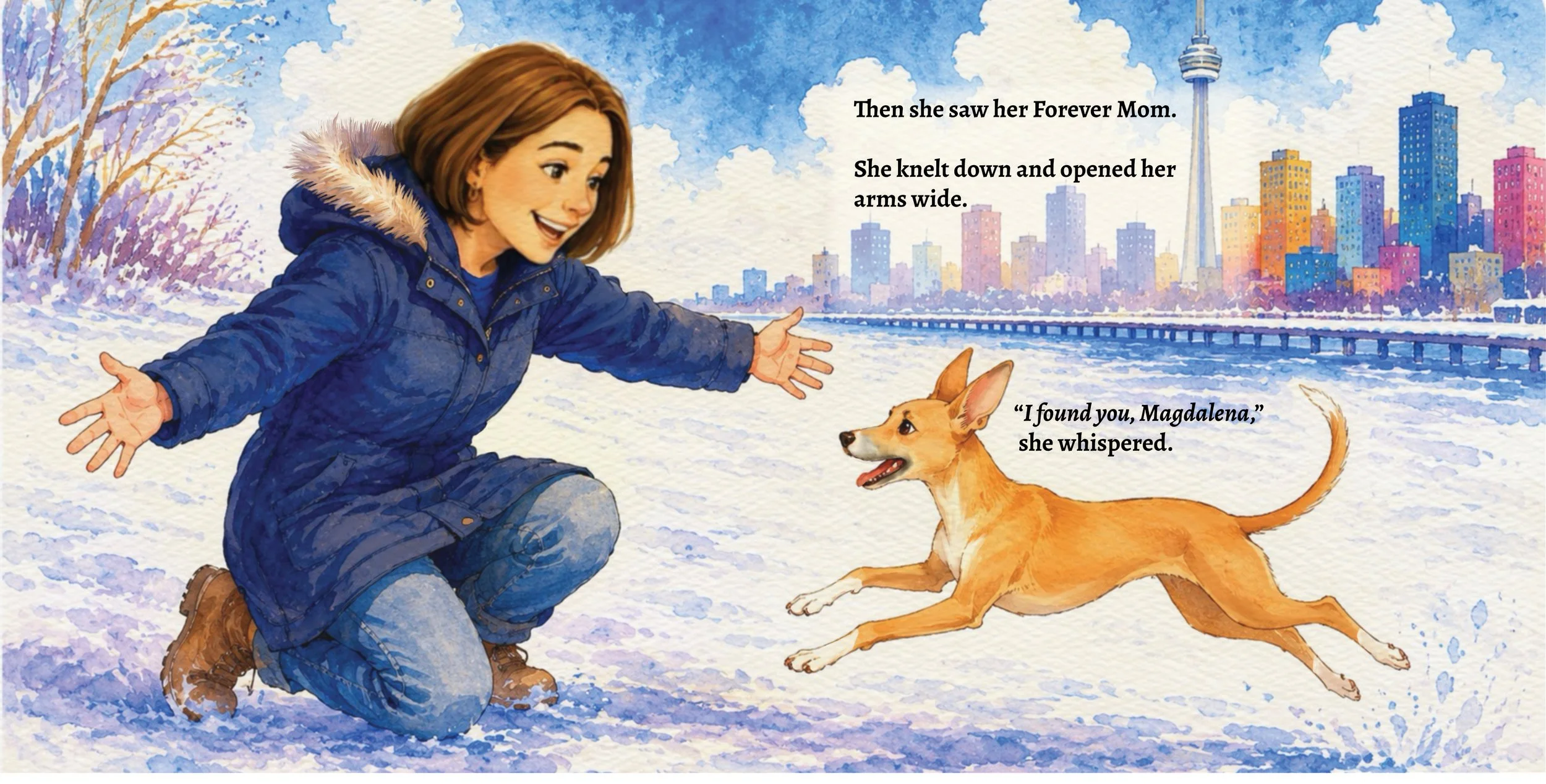 Children’s book interior spread showing Magdalena running to her mother through the snow in Toronto. illustrated by Kezzia Crossley