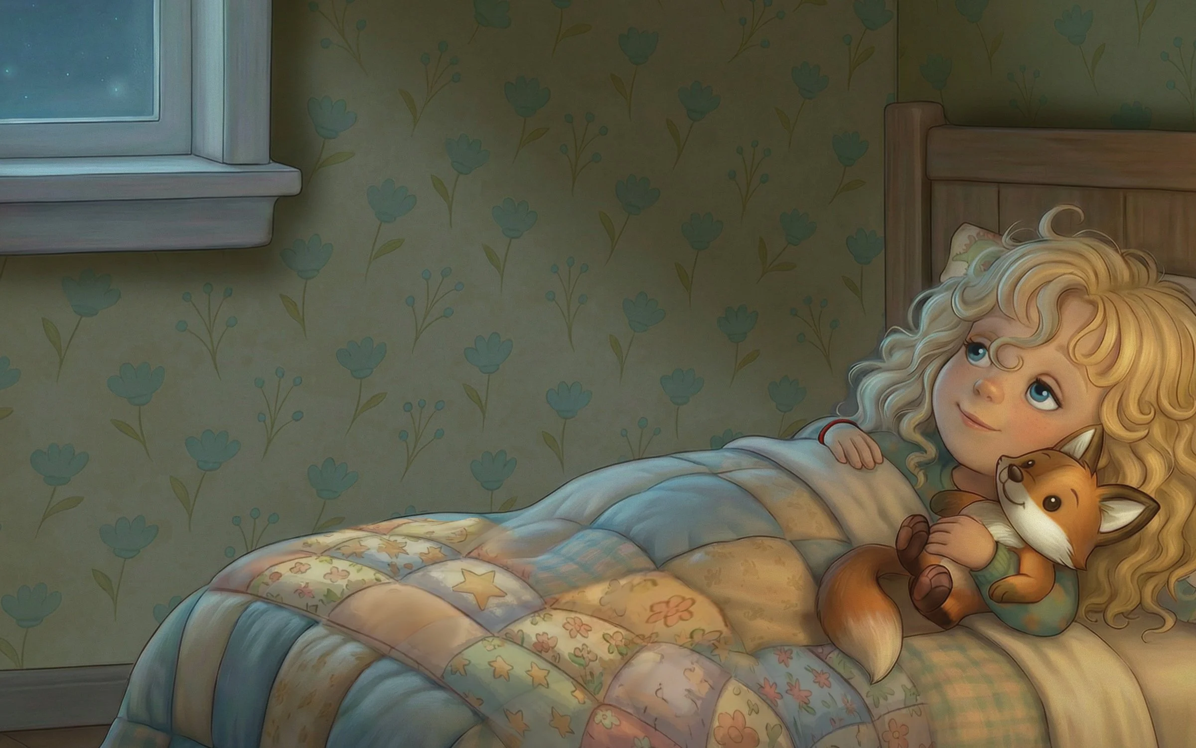 Girl tucked into bed with her mouse friend in a soft, glowing children’s book illustration.