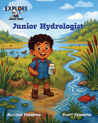 Children's book cover titled 'Junior Hydrologist' from the 'Explore with Me Junior Series,' featuring a young boy with curly hair, a blue backpack, and a container, standing near a stream in nature, surrounded by animals and lush greenery.