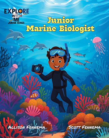 Cover of a children's book titled "Junior Marine Biologist" from the "Explore with Me" series. Illustrates a young boy in scuba gear holding a camera, underwater surrounded by colorful coral, fish, jellyfish, and dolphins.