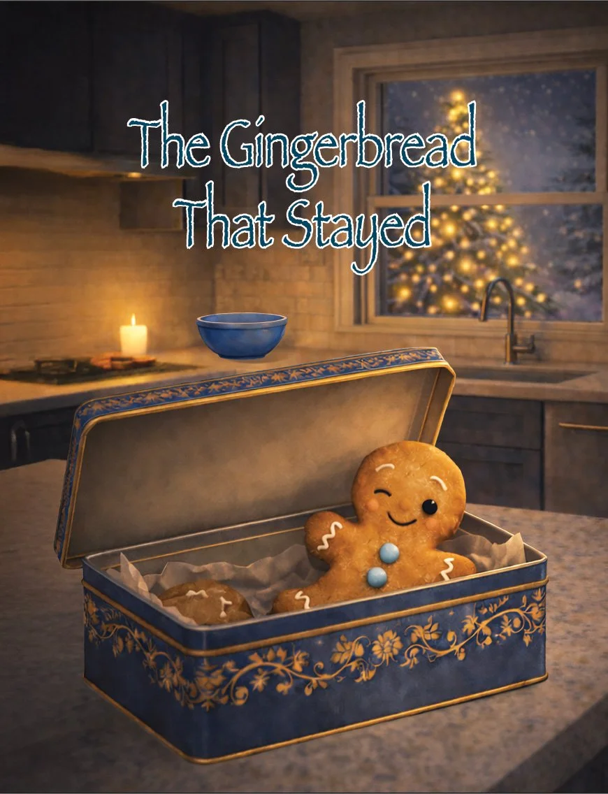 A gingerbread cookie shaped like a smiling boy with white icing details and blue candies, inside a decorative blue box, on a kitchen counter with a lit candle, a blue bowl, and a window showing a Christmas tree outside.