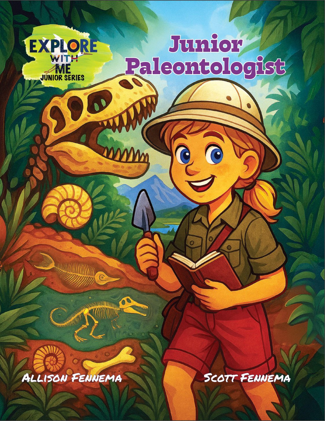 Colorful illustration of a young girl dressed as a paleontologist holding a small shovel and a book, standing in a jungle scene with a dinosaur skull, a shell, a fish, a small dinosaur skeleton, and lush green foliage.