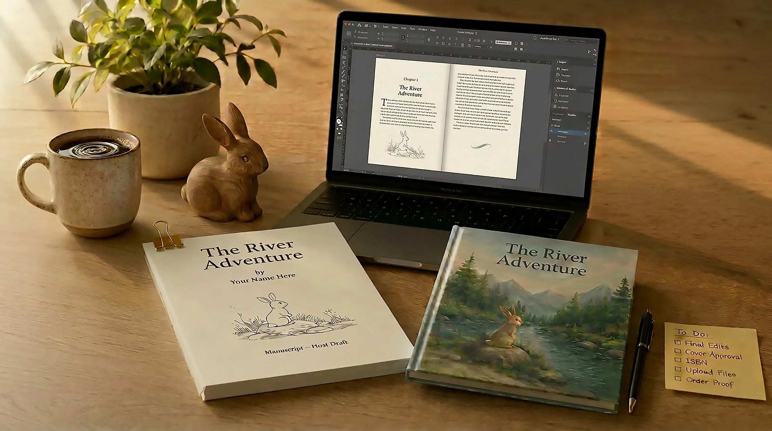 A workspace with a laptop displaying a manuscript editing software, two books titled 'The River Adventure,' a ceramic mug with coffee, a potted plant, a rabbit figurine, a piece of paper for manuscript drafting, and a to-do list with checkboxes.