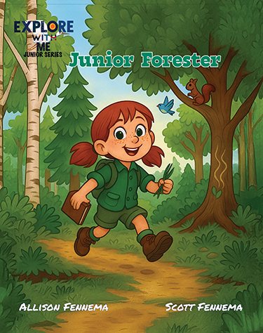 Illustration of a young girl with red hair and pigtails wearing a green explorer outfit, jogging through a forest with trees, a squirrel, and a blue butterfly, from the book "Junior Forrester" by Allison Fennema and Scott Fennema.
