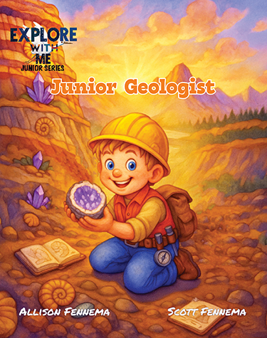Cover of a children's book titled 'Junior Geologist' from the 'Explore with Me' junior series, featuring a cheerful young boy with a backpack and a yellow hat holding a geode, on a mountain trail with purple flowers, open books, and a sunset sky.