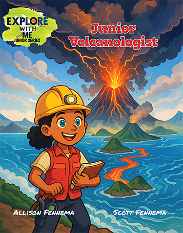 Cover of a children's book titled 'Junior Volcanologist' in a series called 'Explore With Me.' It features a young girl with dark curly hair, wearing a yellow helmet and a red vest, holding a notebook. In the background, there is an erupting volcano with lava flowing down, dark smoke billowing into the sky, and smaller islands in the ocean.