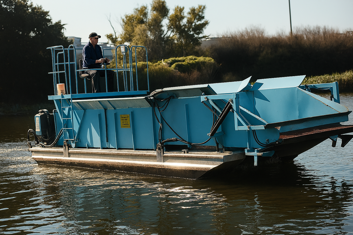 Aquatic harvesting transport barge for municipal lake weed removal and public waterway debris cleanup