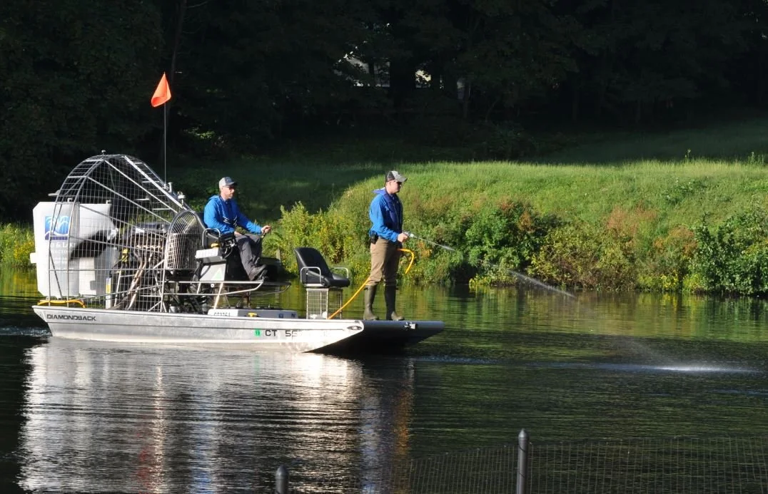 Licensed aquatic applicator spraying EPA-approved algaecide to treat cyanobacteria bloom and restore pond water clarity