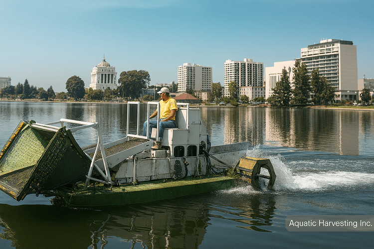 H8 aquatic weed harvester clearing vegetation from a calm urban lake near a marina