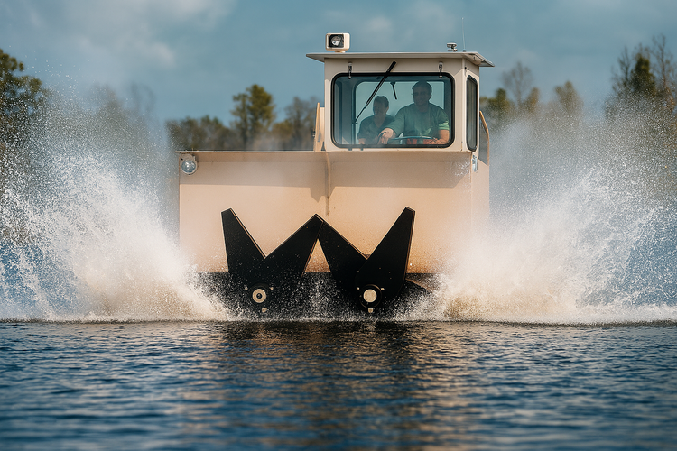 Aquatic vegetation cutter with 4-foot steel blades for cattail bulrush and invasive plant removal