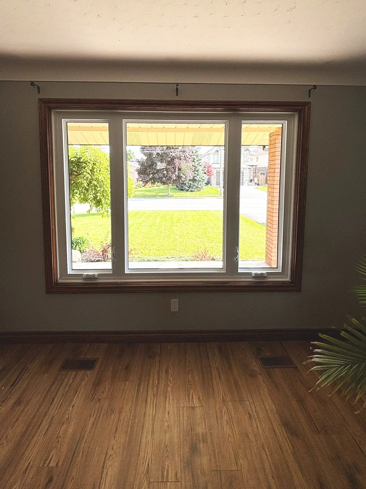 Interior view of a room with large window looking out onto a landscaped green yard with trees and neighboring houses, hardwood flooring, and a partial view of a plant in the right corner.
