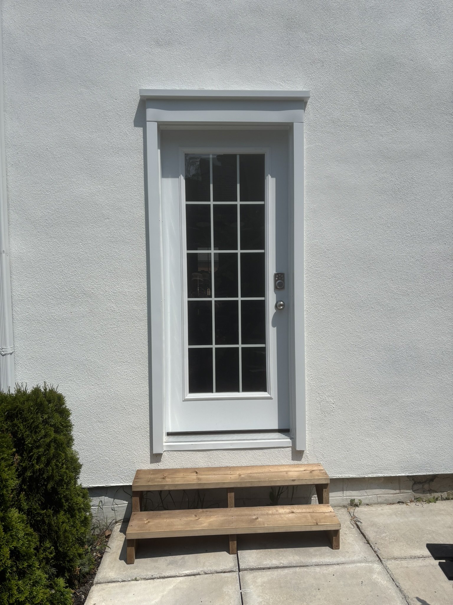 White door with grid design, small wooden stairs leading up outside, next to a green bush, set against a textured white exterior wall.