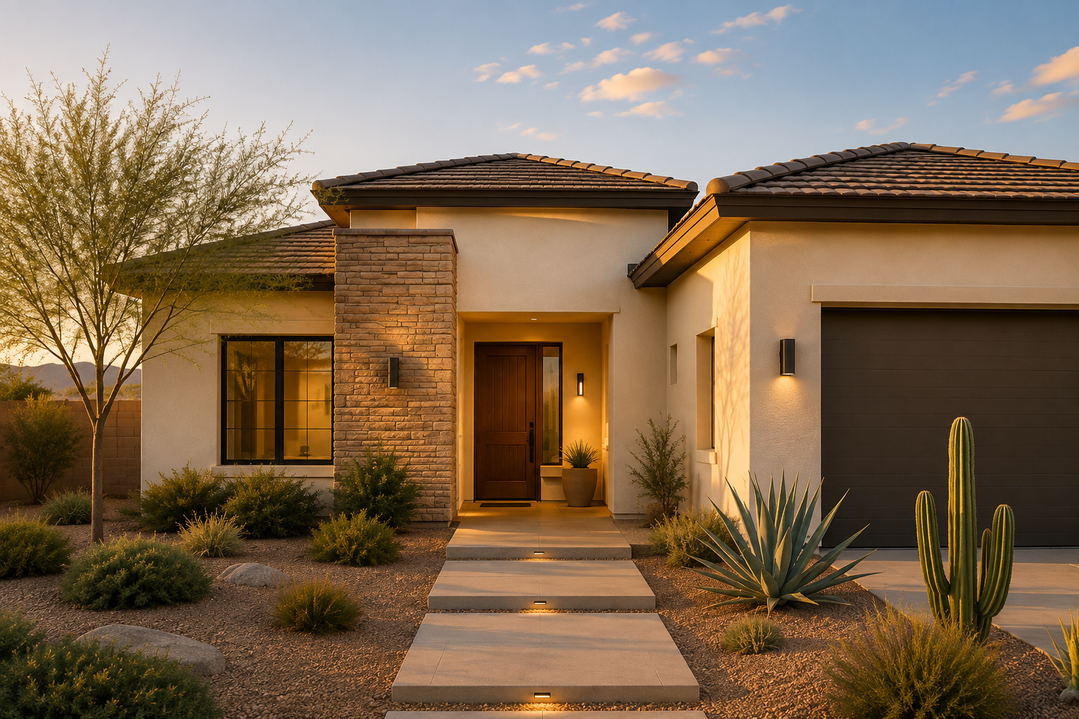Modern Arizona home with desert landscaping at sunset.