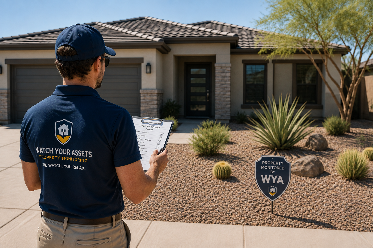 Watch Your Assets property monitoring team member performing a scheduled property check at an Arizona home.