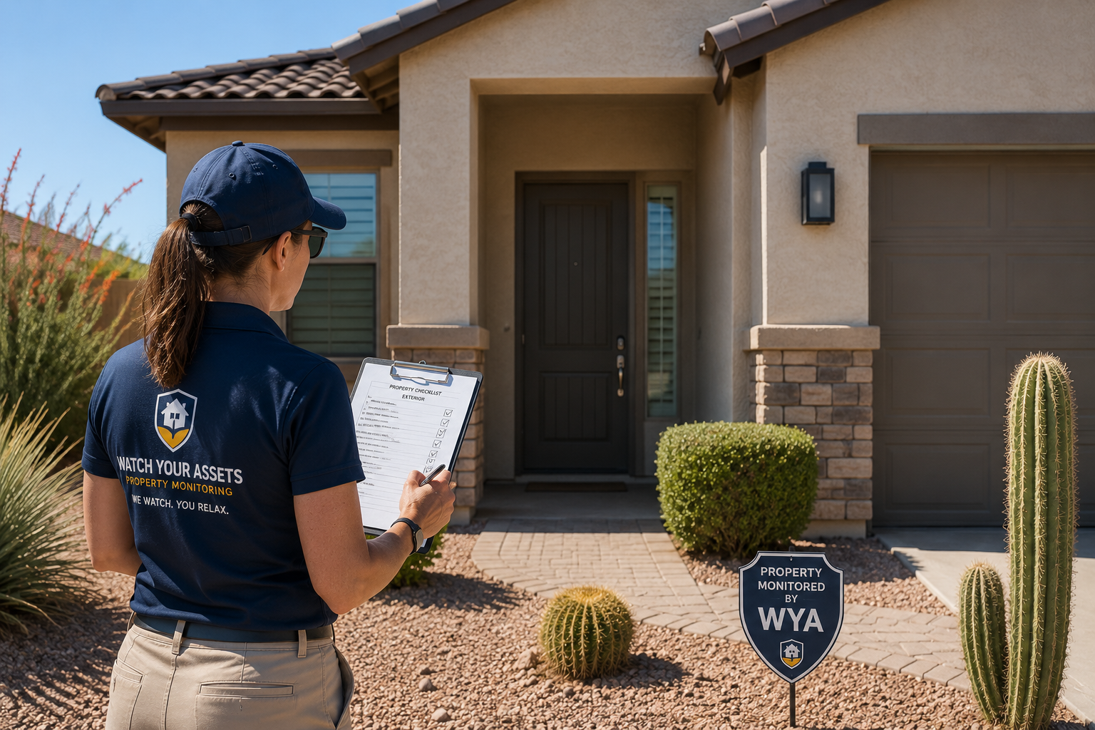 Watch Your Assets property monitoring professional documenting the exterior condition of an Arizona home.