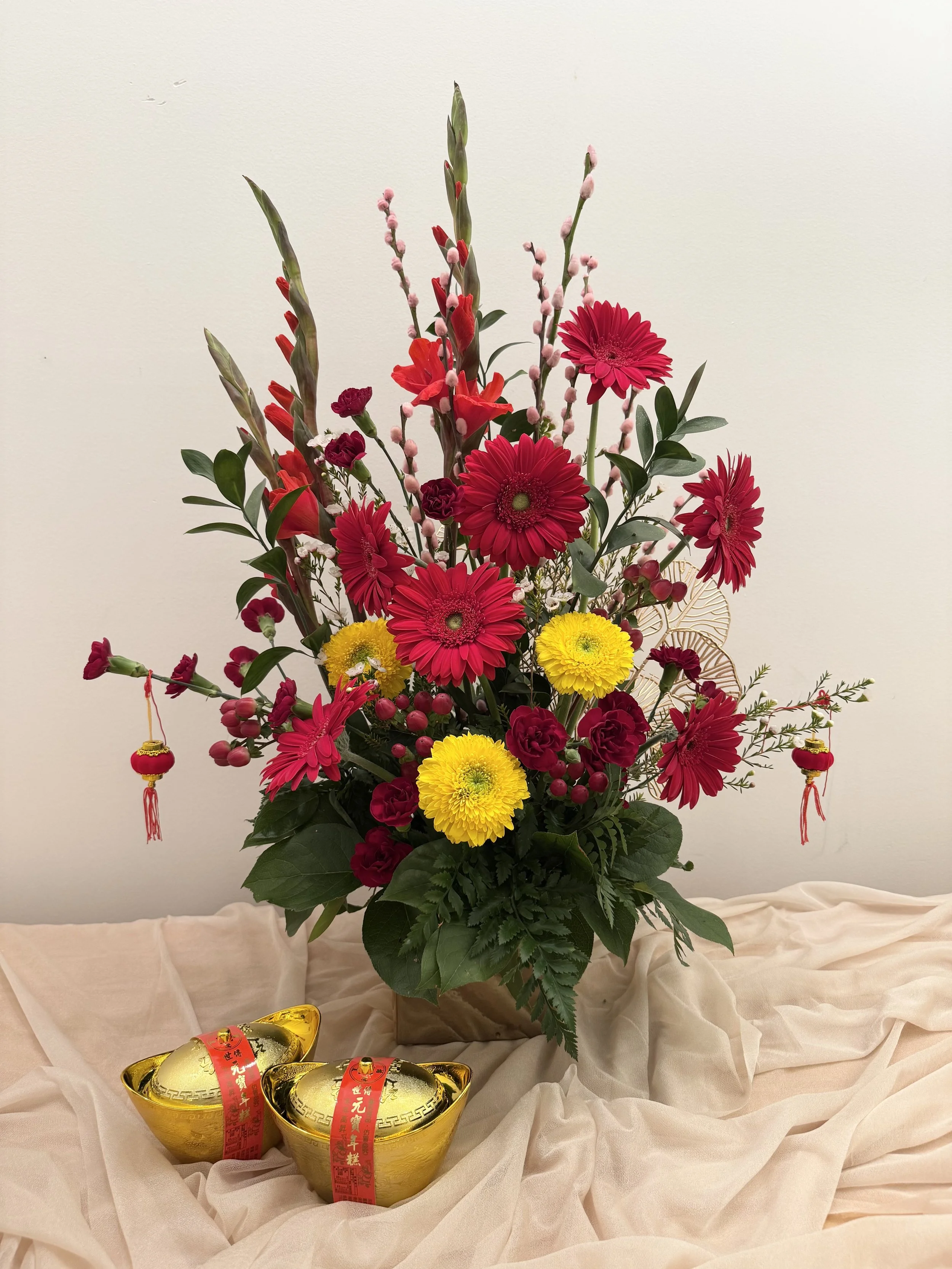 Chinese New Year Floral Arrangement with red and yellow flowers, Lunar New Year Floral Arrangement with red and yellow flowers