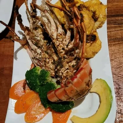 Grilled lobster tail served with steamed broccoli, sliced carrots, sliced yellow squash, and battered fried plantains on a white rectangular plate.