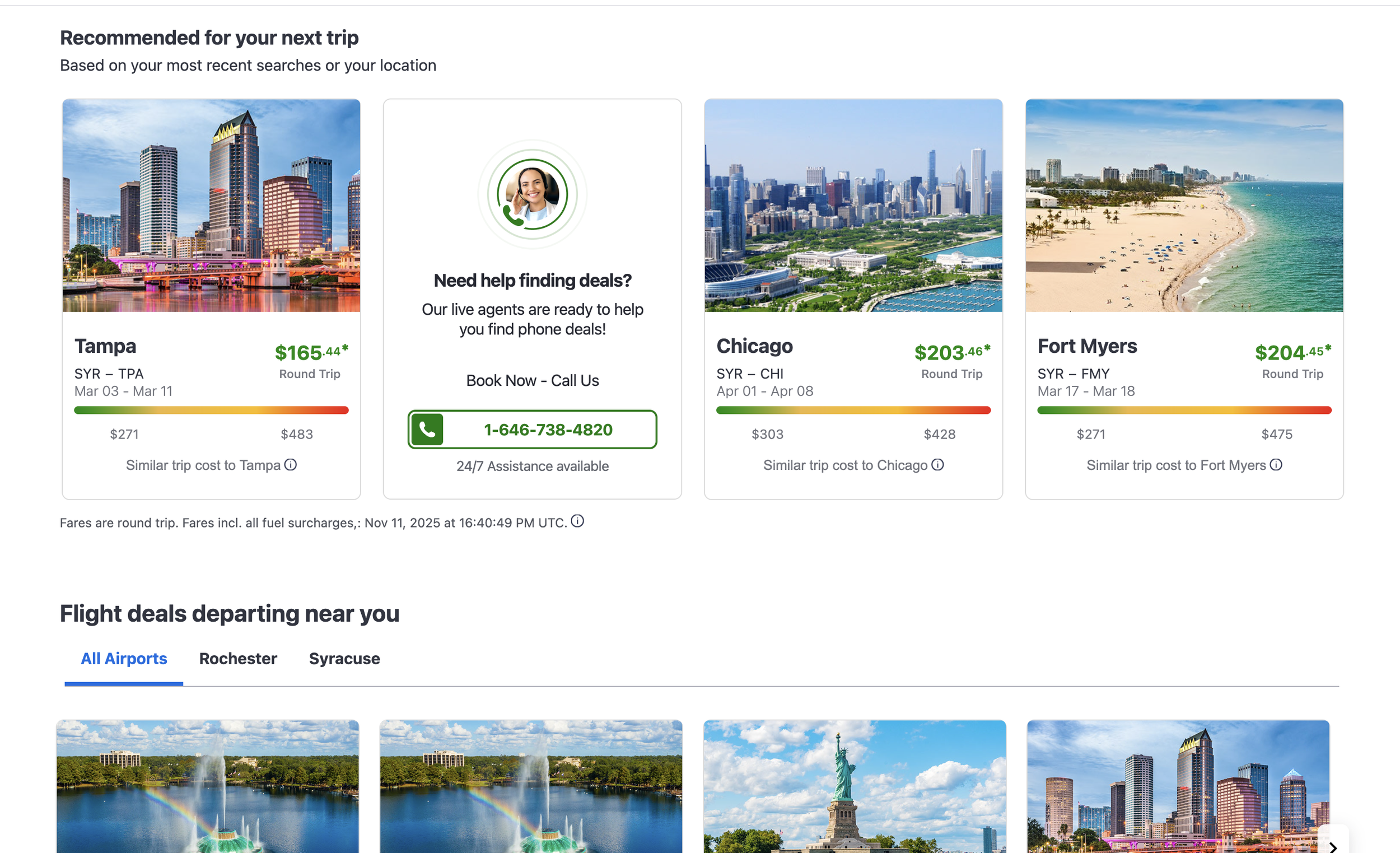 Screenshot of a flight booking website showing suggested trips to Tampa, Chicago, and Fort Myers, with prices and details, along with a section for nearby airport deals and a help contact for finding deals.
