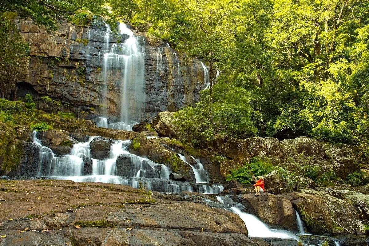 A person sitting on rocks near a waterfall in a lush green forest.
