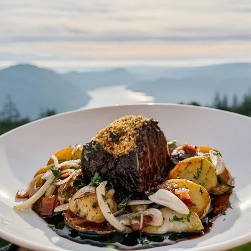 A plate of beef stew with onions and herbs, topped with breadcrumbs, positioned outdoors with a scenic view of mountains and a river in the background.