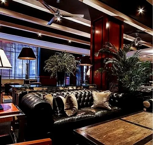 Luxurious hotel lobby with leather sofa, decorative pillows, large potted plants, ambient lighting, and ceiling fans.