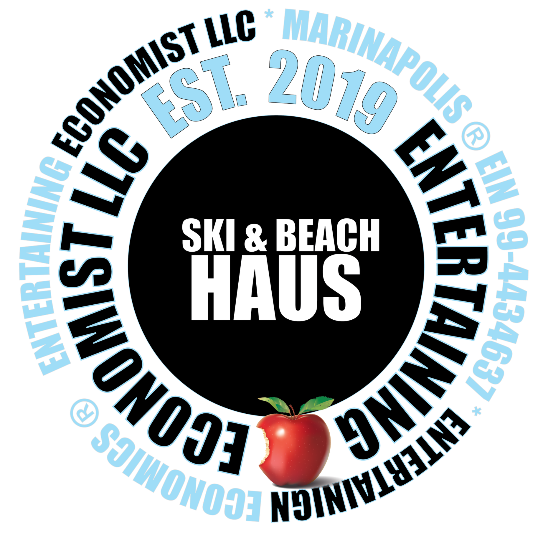 Circular logo with a black center reading 'SKI & BEACH HAUS' in white text. Surrounding the center, the text 'FONDA ERANSTATION ECONOMICS' and 'EST. 2019' appear twice in blue and black, along with additional text including 'MARINA,' 'TRAVEL,' and contact information. A red apple with green leaves is at the bottom of the logo.