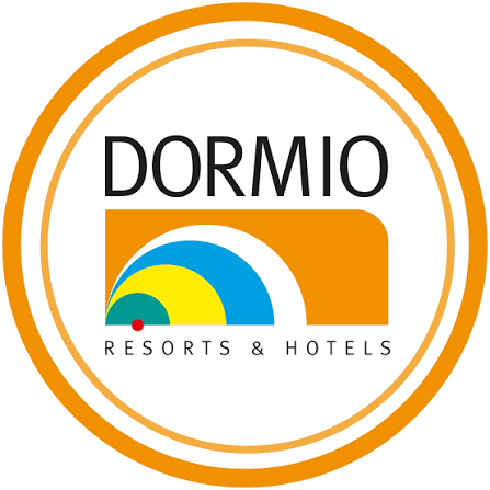Logo for Dormio Resorts & Hotels with a stylized rainbow and orange and white design elements.