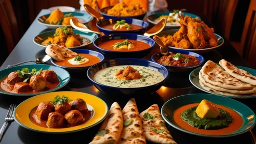 A variety of Indian dishes on a black table, including bowls of curry, naan bread, and fried snacks.