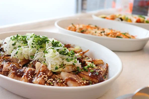Two white dishes containing Asian-style dishes. The foreground dish has sliced chicken with sesame seeds and chopped green onions. The background dish contains a vegetable stir-fry.