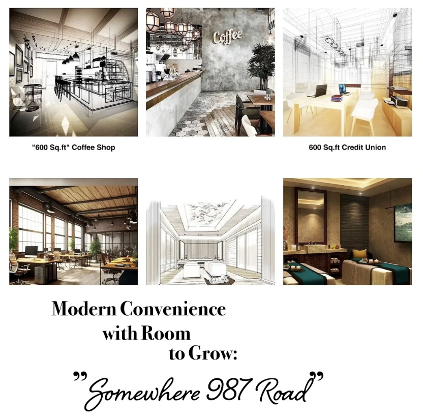 A collage of six modern interior rooms and spaces, including a coffee shop, credit union, and conference rooms, with a text overlay promoting a business location called 'Somewhere 987 Road' under the heading 'Modern Convenience with Room to Grow'.