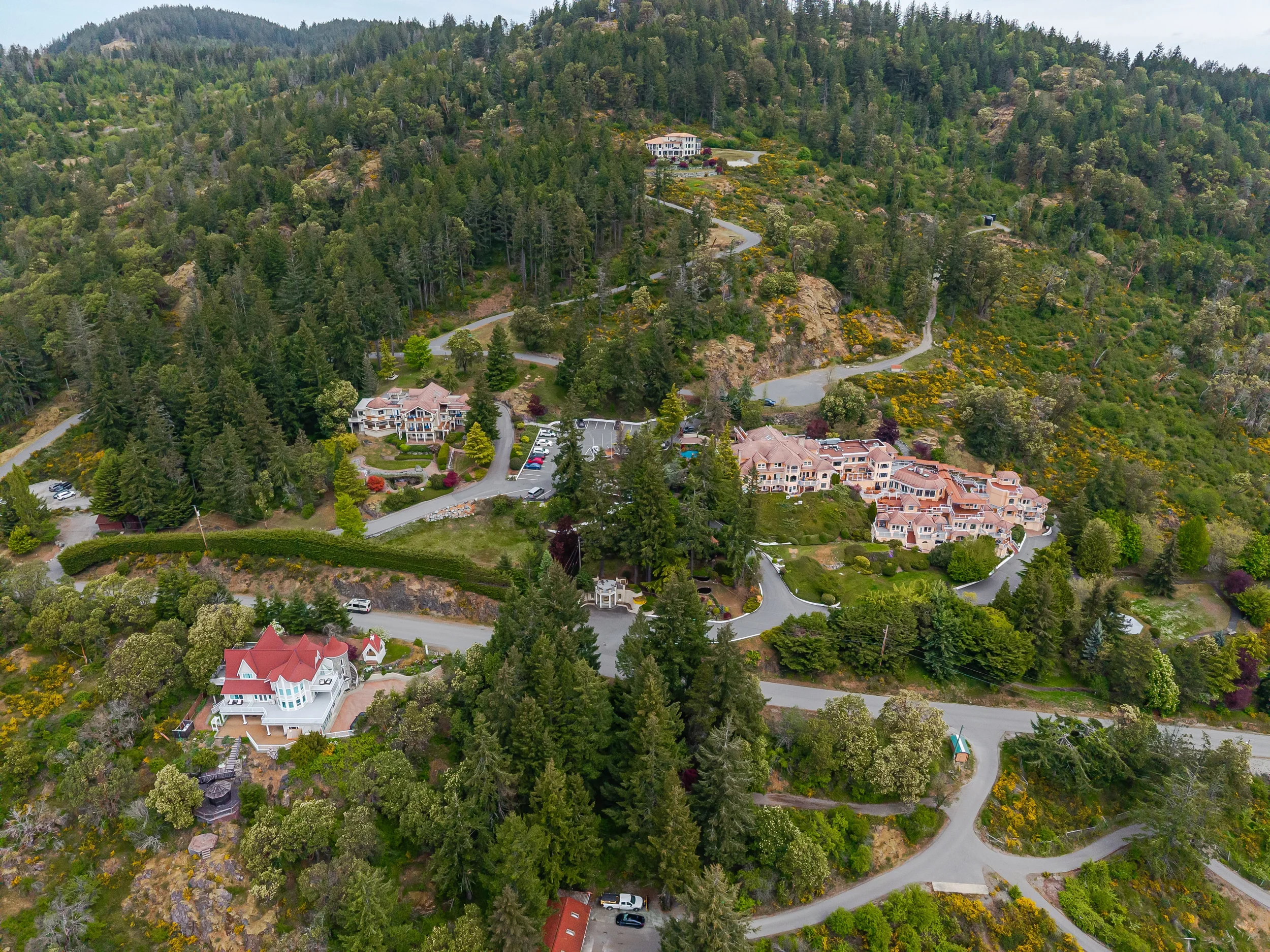 Aerial view of winding roads through a hilly residential area with large houses surrounded by dense greenery and trees.