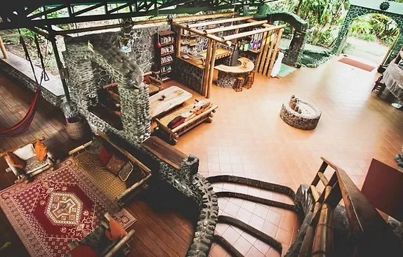 Interior of a rustic, cozy home with a stone fireplace, wooden furniture, a patterned rug, and outdoor greenery visible through large windows.