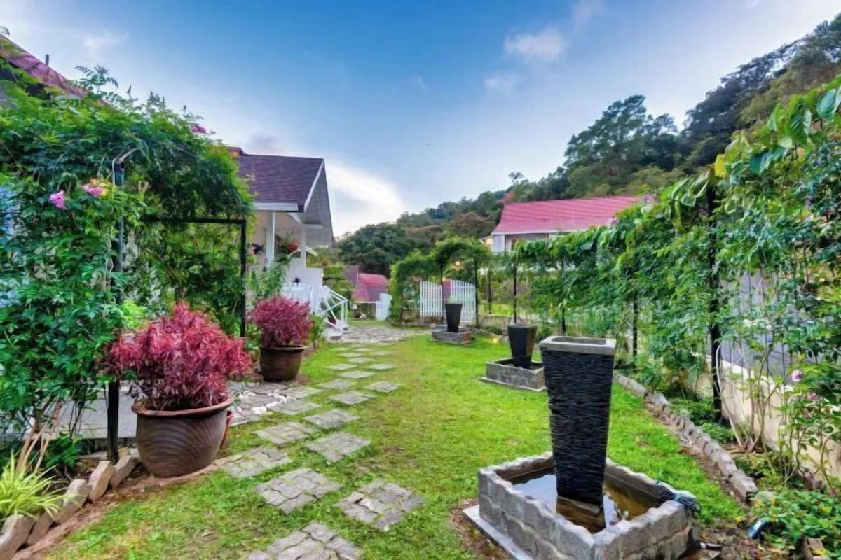 A lush backyard garden with potted plants, a stone pathway, and decorative water fountains, surrounded by houses and trees in the background amid a hilly landscape under a cloudy blue sky.
