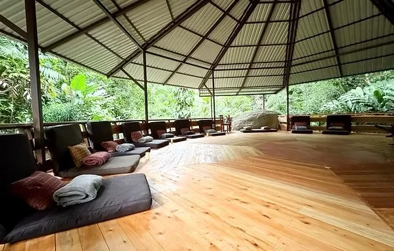 Open-air wooden pavilion with cushions along the perimeter and lush greenery outside.